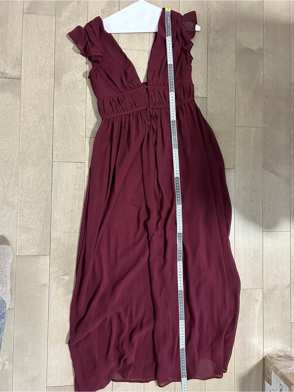 Deep Burgundy V-Neck Maxi Dress with Flutter Sleeves - Picture 5 of 8